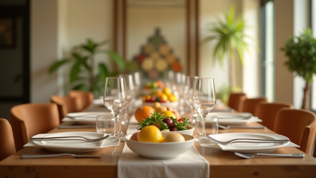 Ambiente de refeição bem organizado com mesa limpa e comida servida conscientemente