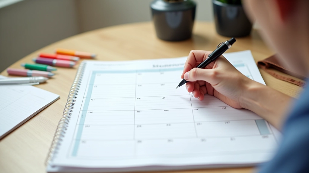 Mãos de pessoa preenchendo calendário semanal com ícones de exercício, caneta azul, caderno de planeamento aberto