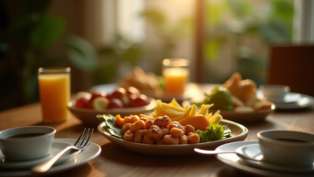 Mesa de refeição com comida, garfo e faca, ambiente tranquilo, luz morna, composição limpa e organizada