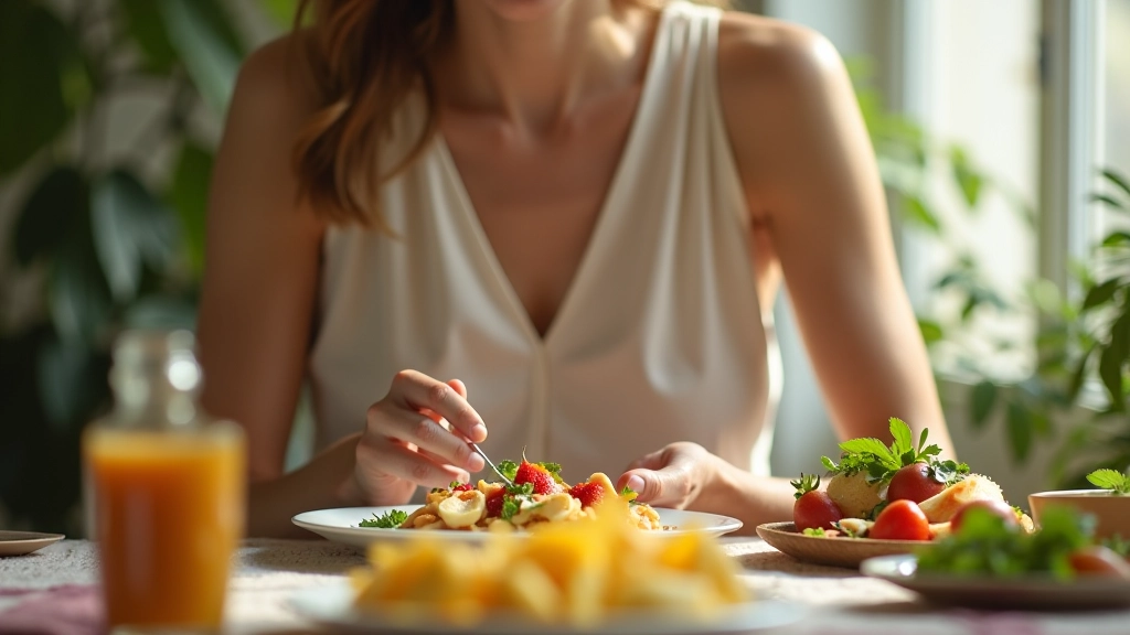 Mulher a comer conscientemente, próximo a uma mesa com alimentos frescos, luz natural, ambiente calmo, foco nítido