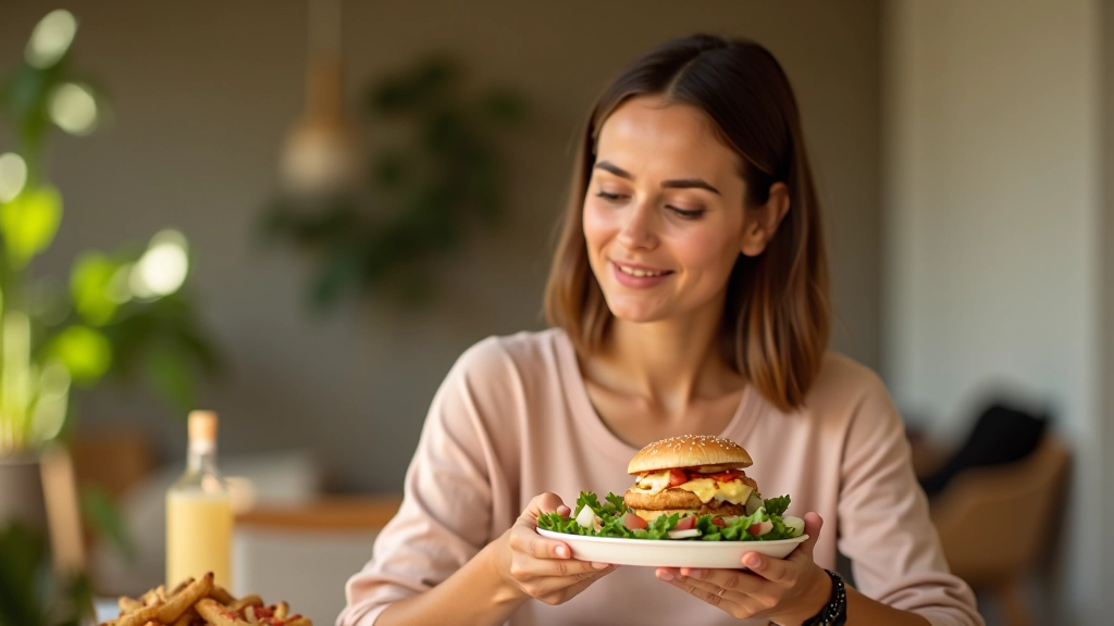 Mulher a comer devagar e conscientemente numa refeição calma