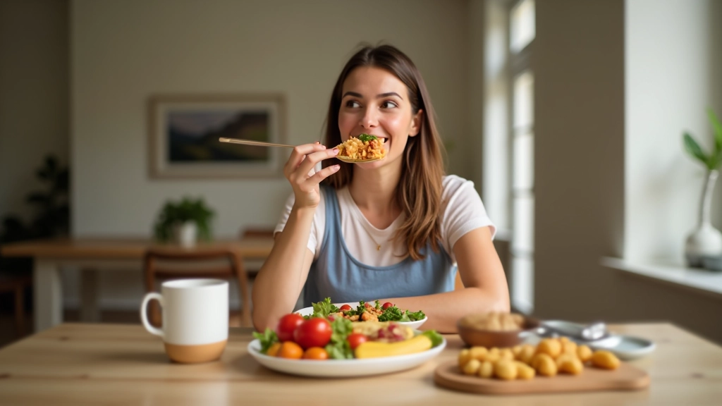 Mulher a comer uma refeição devagar e conscientemente, demonstrando técnicas de alimentação atenta