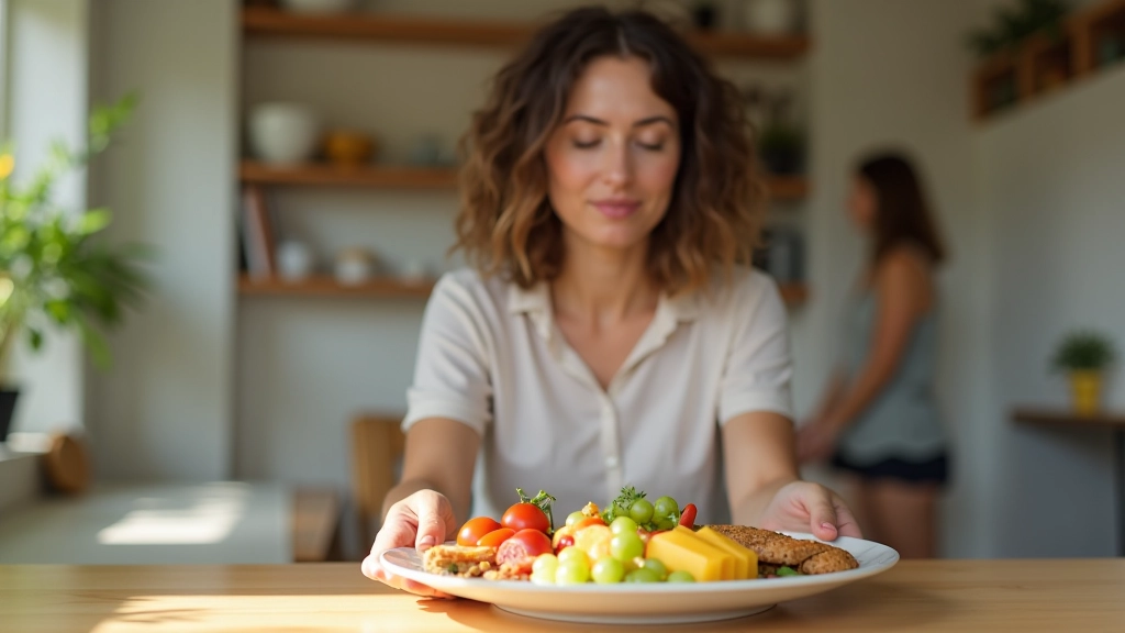 Mulher consciente a rejeitar comida oferecida, demonstrando técnicas para evitar sobrealimentação