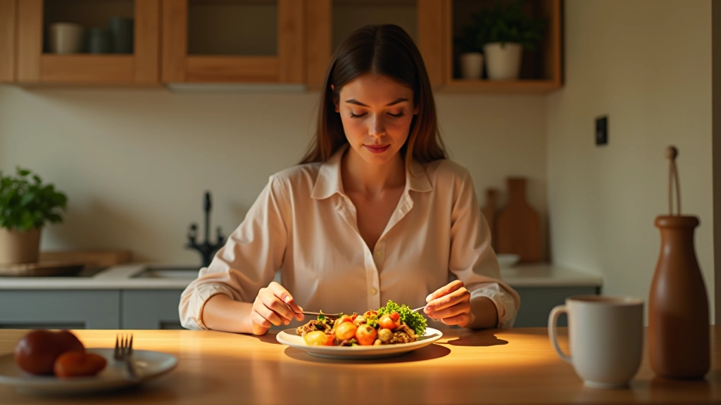 Mulher numa cozinha luminosa a comer devagar e conscientemente, atenta aos sinais do seu corpo durante a refeição