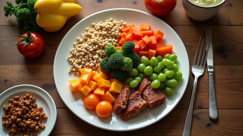 Prato de refeição equilibrada com proteína, legumes, grãos integrais, disposição artística, talheres ao lado, fundo de cozinha desfocado