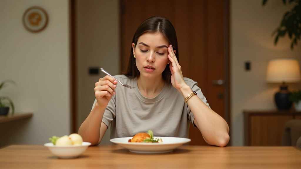 Pessoa com expressão de atenção comendo, foco e mindfulness durante refeição