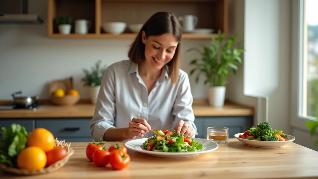 Pessoa preparando refeição equilibrada com diferentes alimentos, balança de cozinha, ambiente de cozinha moderno com iluminação natural