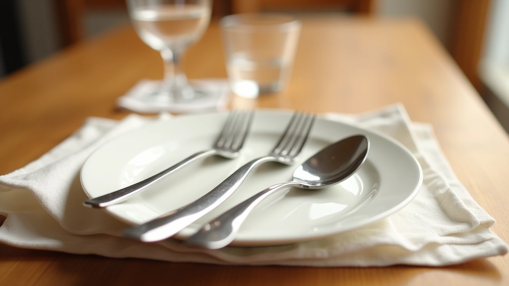 Mesa posta para uma refeição tranquila com garfo, faca e copo de água
