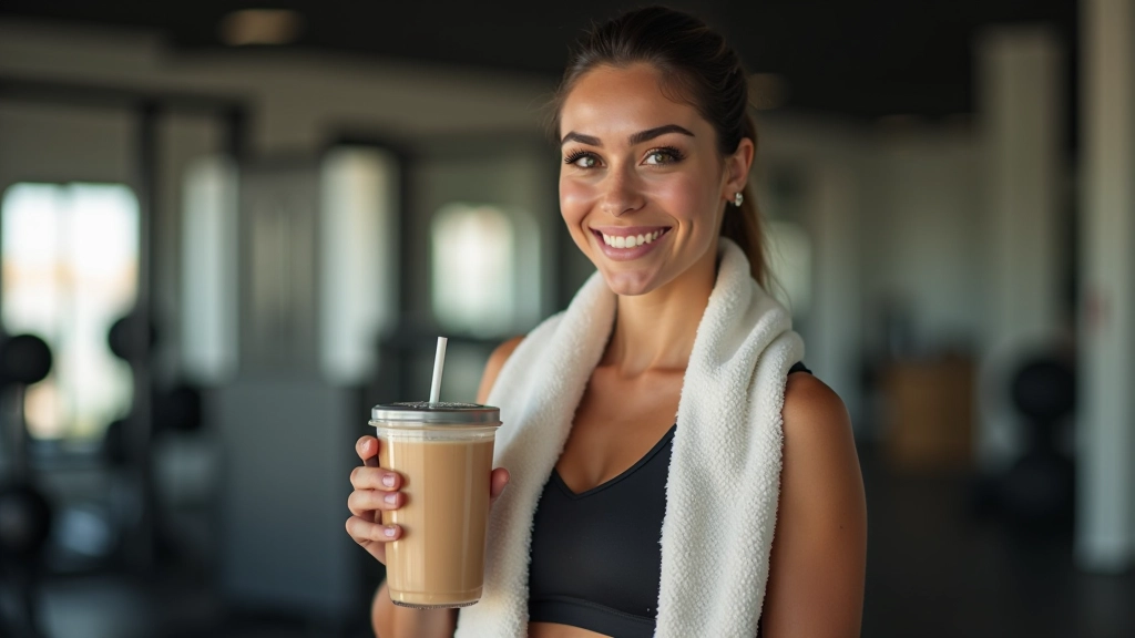Mulher a beber batido de proteína após treino, toalha ao pescoço, ambiente de ginásio, expressão satisfeita