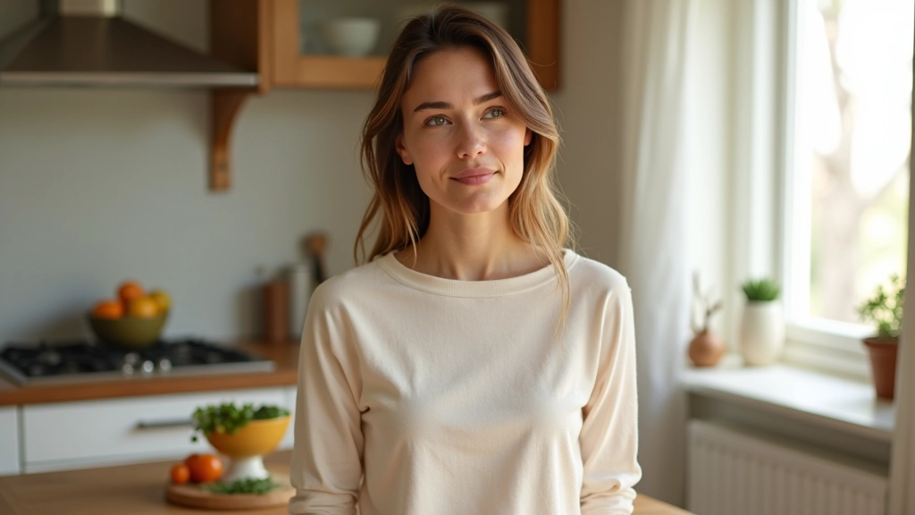 Mulher meditativa a observar um prato de comida, mostrando atenção plena e conexão com sinais do corpo