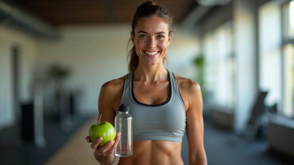Mulher em roupa de ginásio com garrafas de água e maçã verde, superfície de treino ao fundo, iluminação natural clara