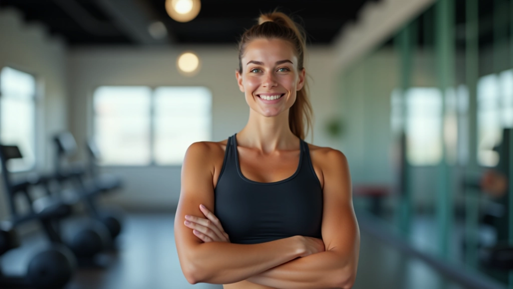 Treinadora pessoal e especialista em nutrição desportiva, retrato profissional, pose confiante, ginásio moderno, iluminação brilhante