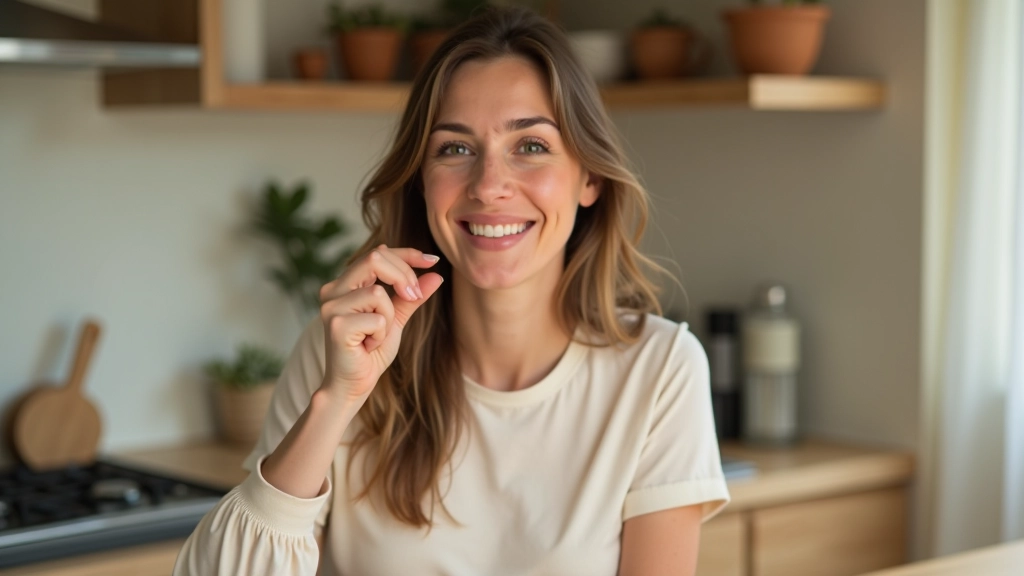 Pessoa a sorrir enquanto desfruta de uma refeição numa mesa calma e organizada