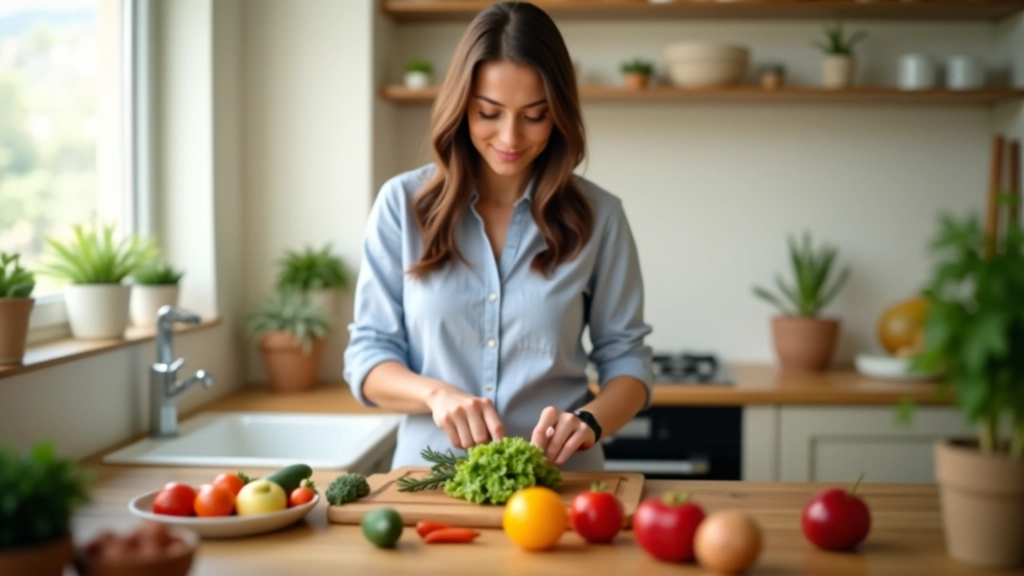 Mulher preparando alimentos frescos na cozinha